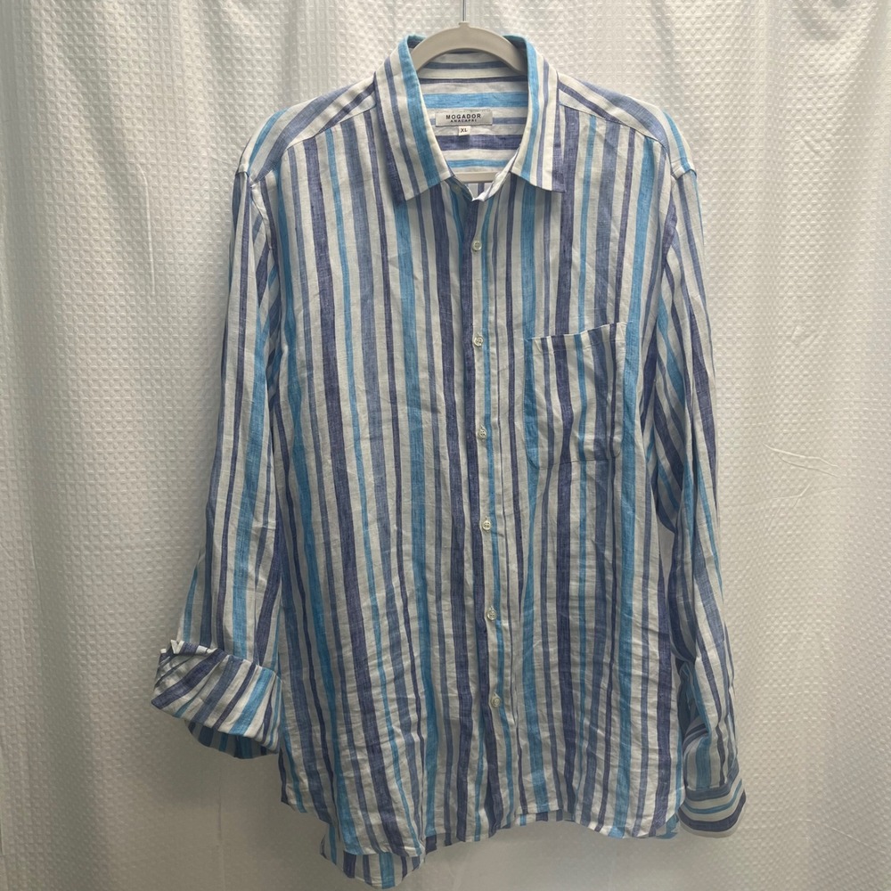 Mogador Anacapri Mens XL Blue White Striped 100% Linen Shirt Made in Italy